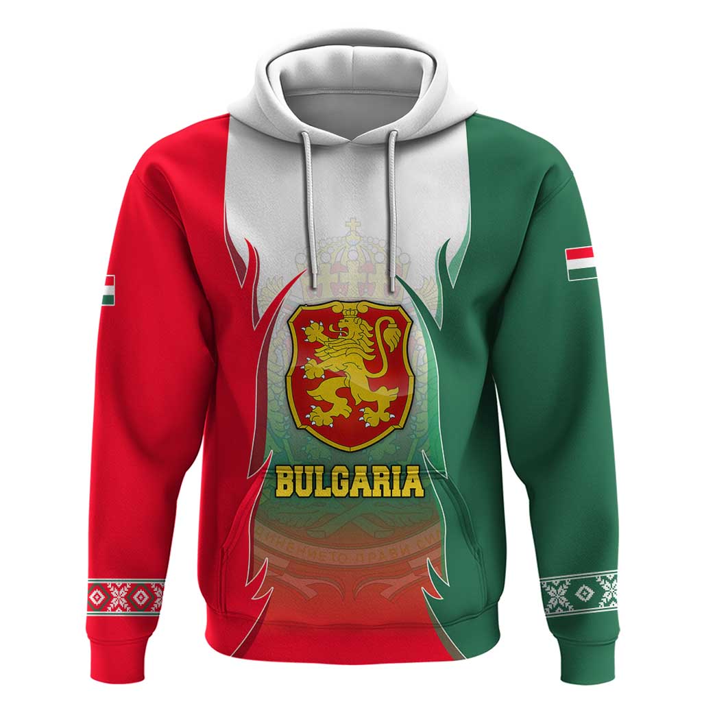 Bulgaria National Crest Zip Hoodie with Tricolor Design and Folk Cuff Pattern