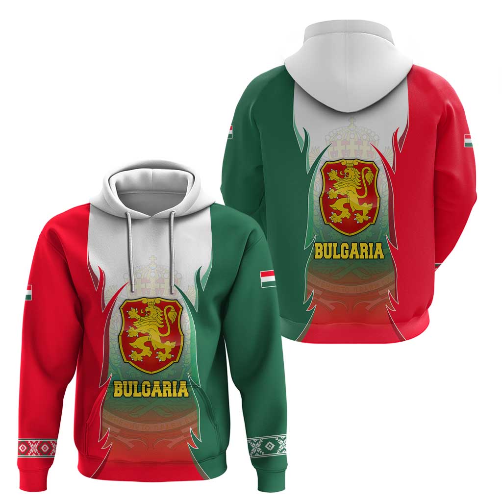 Bulgaria National Crest Zip Hoodie with Tricolor Design and Folk Cuff Pattern