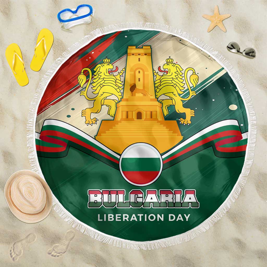 Bulgaria Liberation Day Beach Blanket with Shipka Monument and Tricolor Lion Graphic