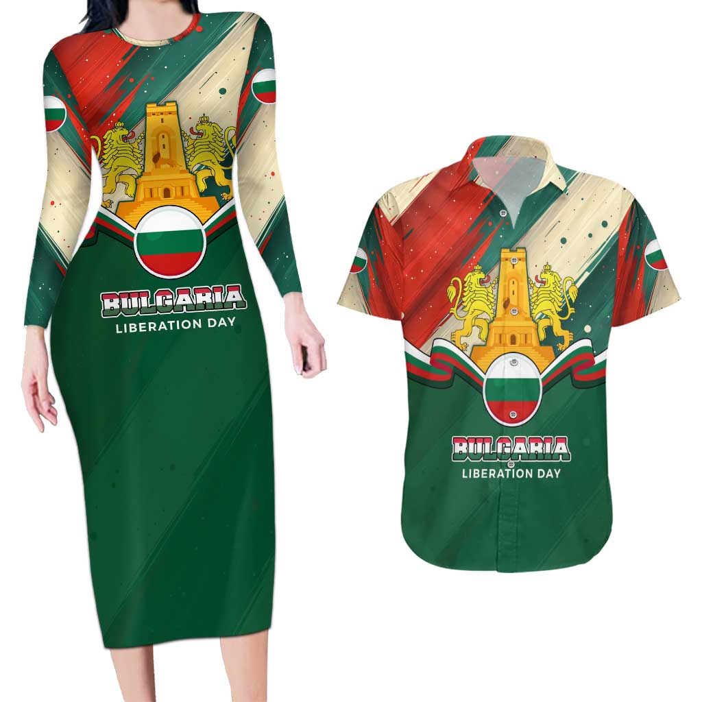 Bulgaria Liberation Day Couples Matching Long Sleeve Bodycon Dress and Hawaiian Shirt with Shipka Monument and Tricolor Lion Graphic