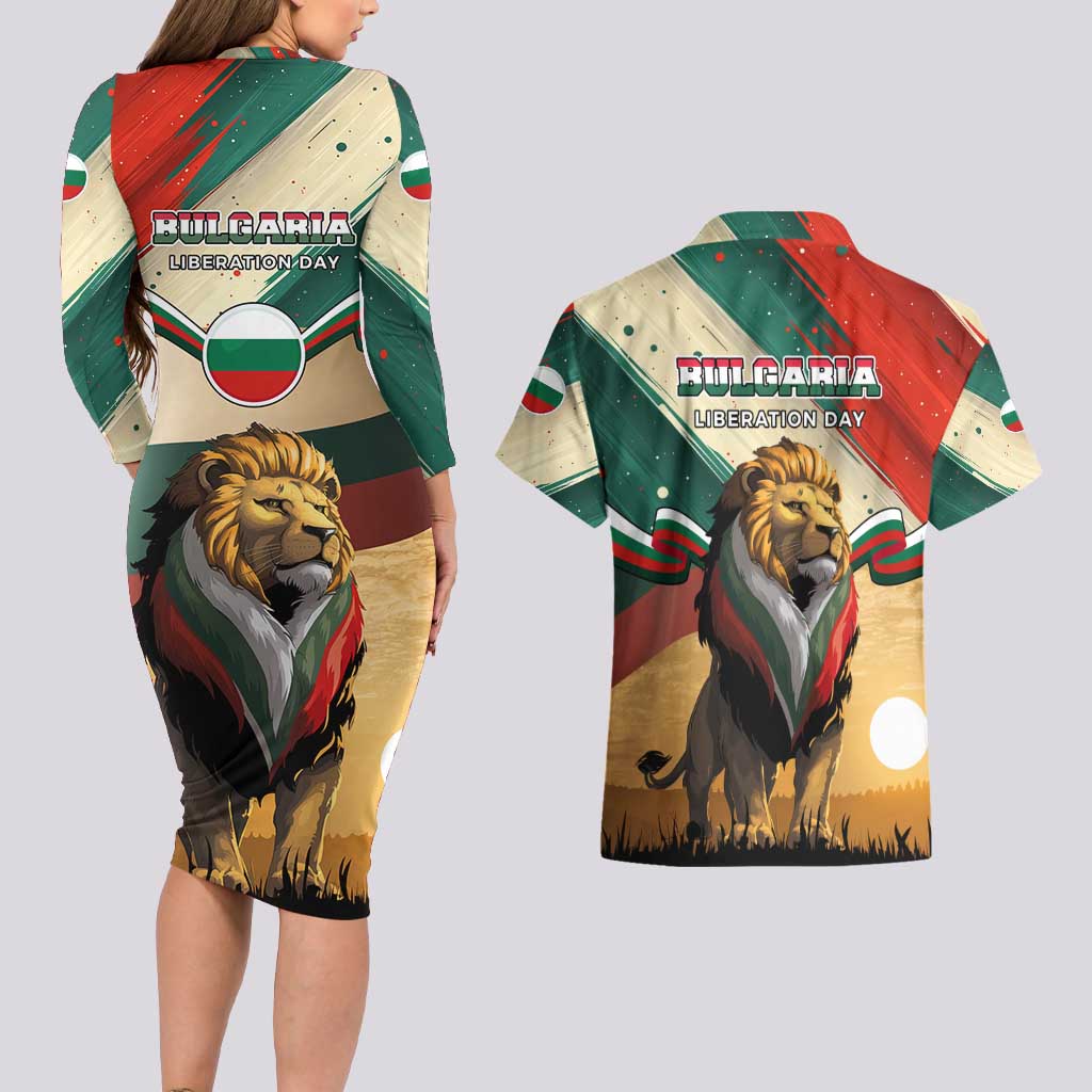 Bulgaria Liberation Day Couples Matching Long Sleeve Bodycon Dress and Hawaiian Shirt with Shipka Monument and Tricolor Lion Graphic