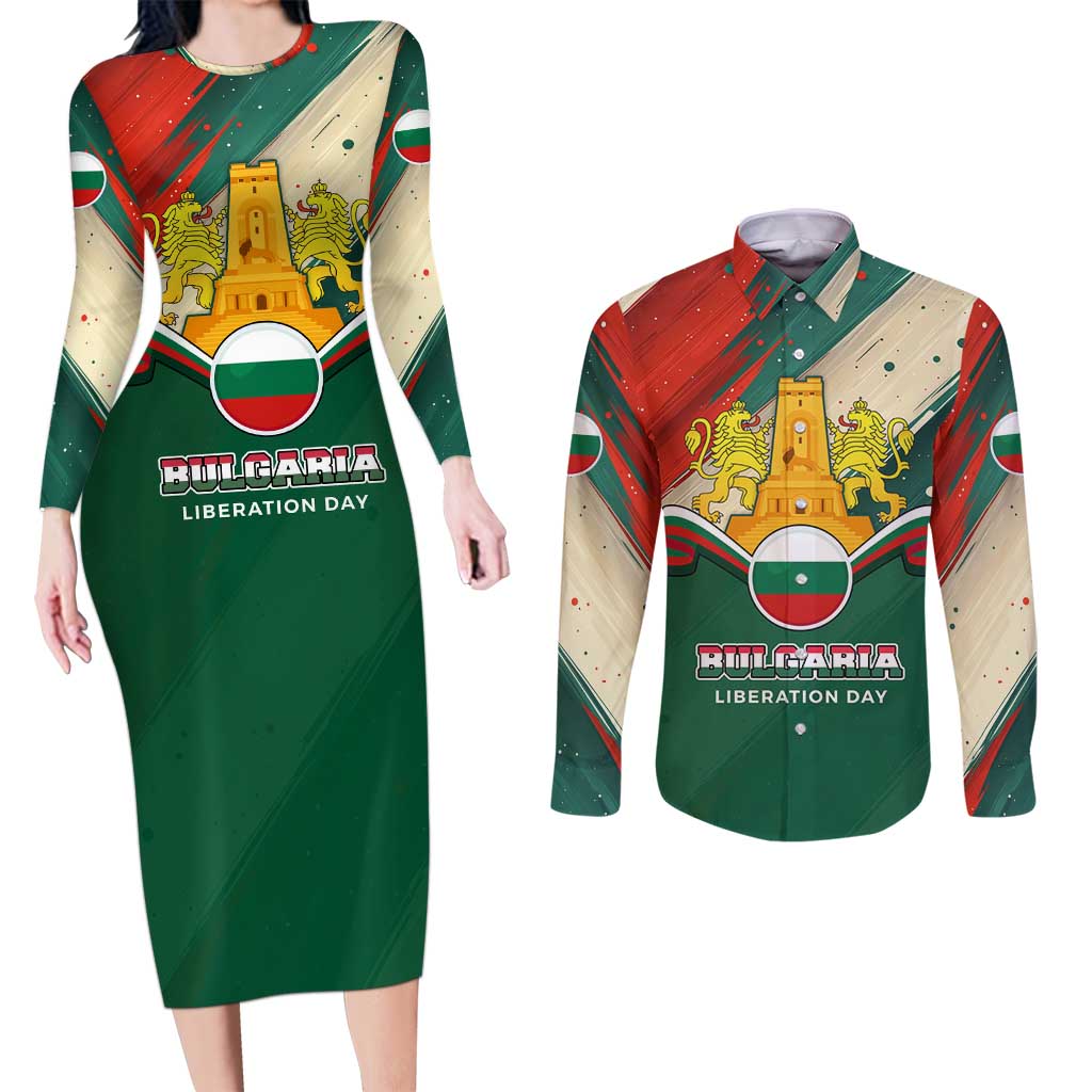 Bulgaria Liberation Day Couples Matching Long Sleeve Bodycon Dress and Long Sleeve Button Shirt with Shipka Monument and Tricolor Lion Graphic