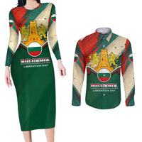 Bulgaria Liberation Day Couples Matching Long Sleeve Bodycon Dress and Long Sleeve Button Shirt with Shipka Monument and Tricolor Lion Graphic