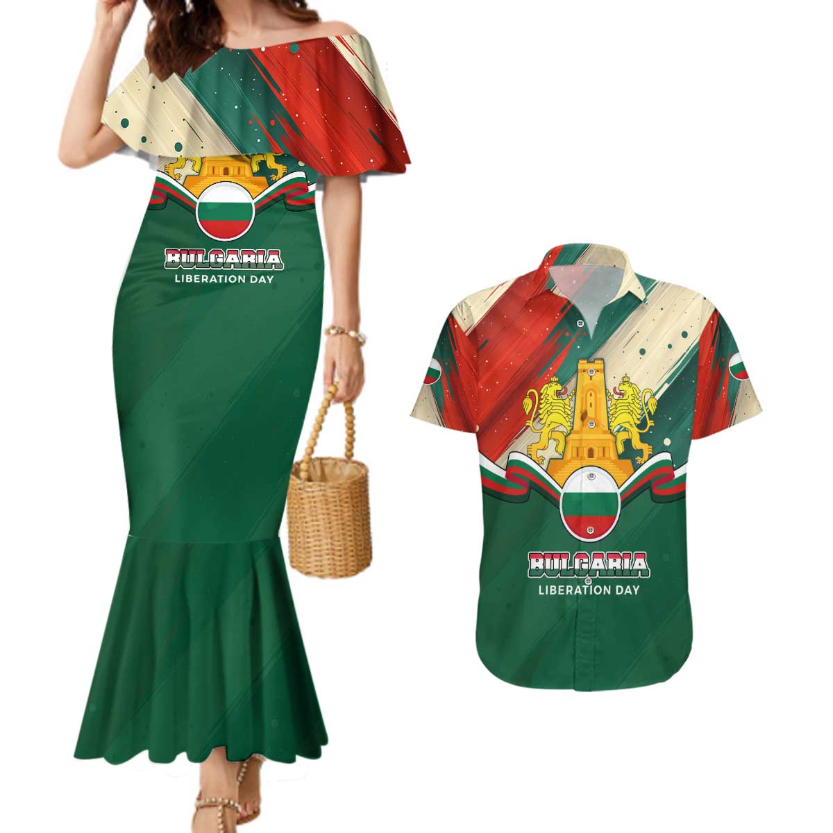 Bulgaria Liberation Day Couples Matching Mermaid Dress and Hawaiian Shirt with Shipka Monument and Tricolor Lion Graphic