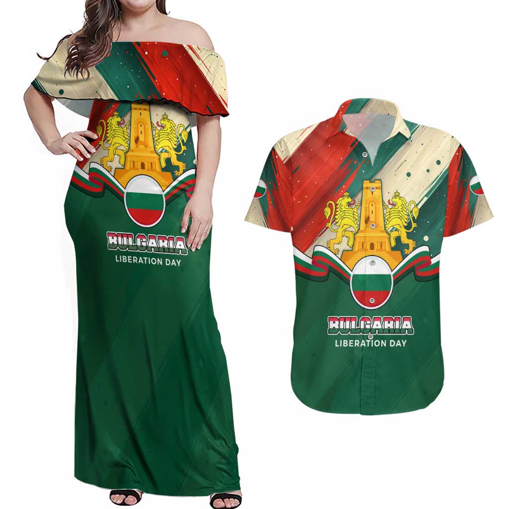 Bulgaria Liberation Day Couples Matching Off Shoulder Maxi Dress and Hawaiian Shirt with Shipka Monument and Tricolor Lion Graphic