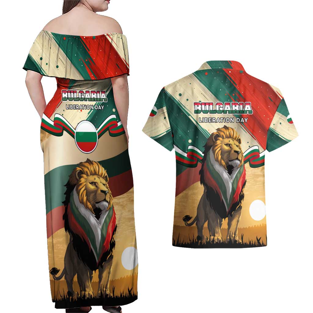 Bulgaria Liberation Day Couples Matching Off Shoulder Maxi Dress and Hawaiian Shirt with Shipka Monument and Tricolor Lion Graphic