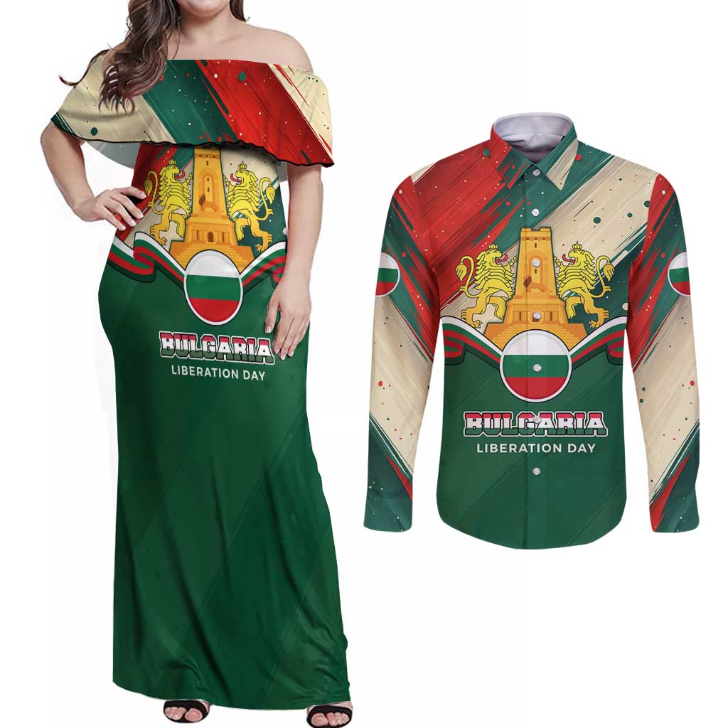 Bulgaria Liberation Day Couples Matching Off Shoulder Maxi Dress and Long Sleeve Button Shirt with Shipka Monument and Tricolor Lion Graphic