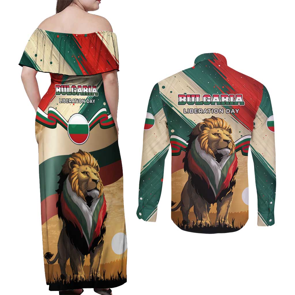 Bulgaria Liberation Day Couples Matching Off Shoulder Maxi Dress and Long Sleeve Button Shirt with Shipka Monument and Tricolor Lion Graphic