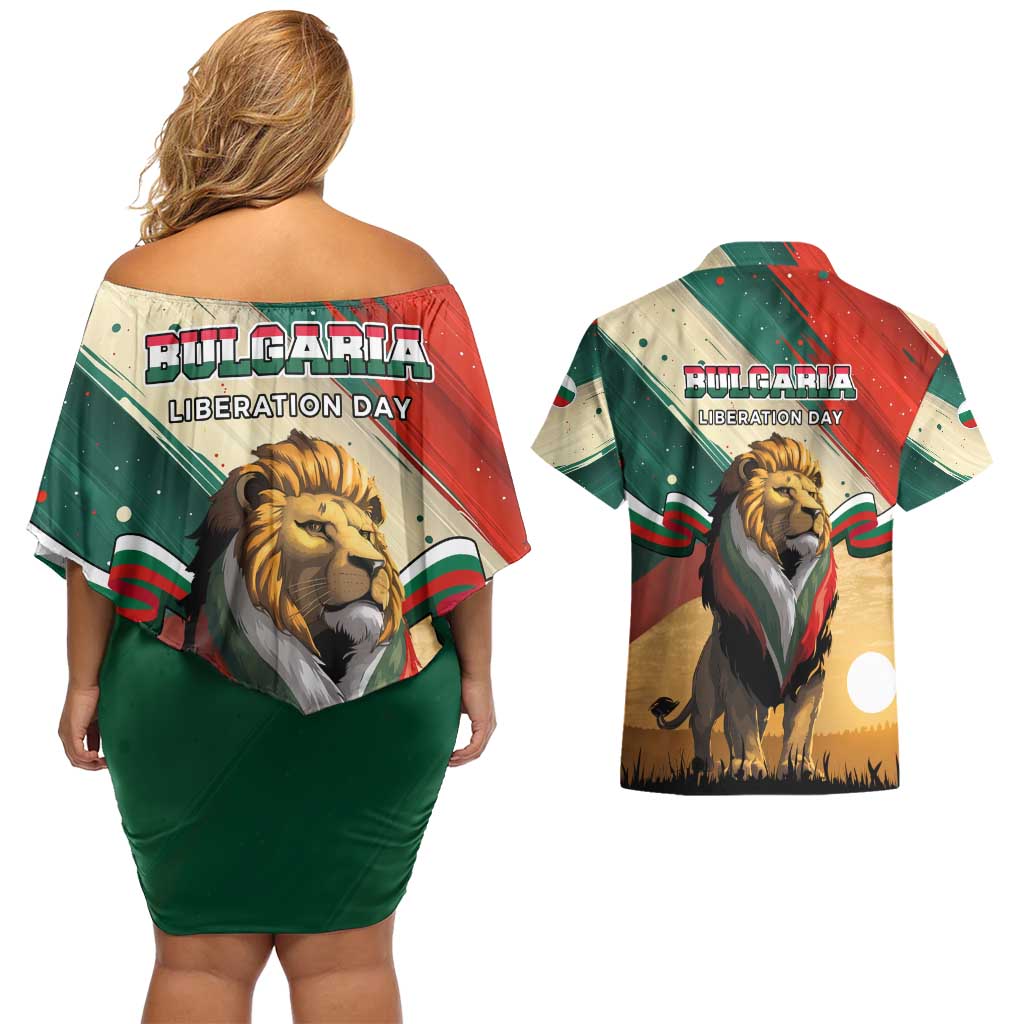 Bulgaria Liberation Day Couples Matching Off Shoulder Short Dress and Hawaiian Shirt with Shipka Monument and Tricolor Lion Graphic