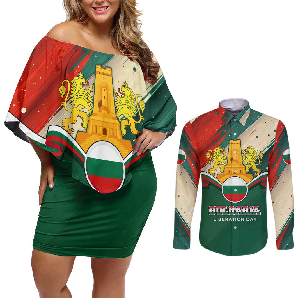 Bulgaria Liberation Day Couples Matching Off Shoulder Short Dress and Long Sleeve Button Shirt with Shipka Monument and Tricolor Lion Graphic