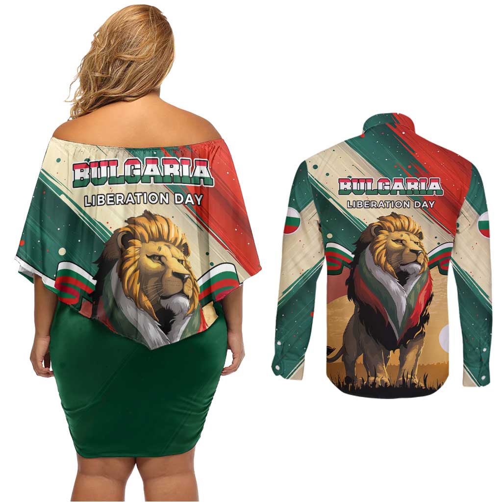Bulgaria Liberation Day Couples Matching Off Shoulder Short Dress and Long Sleeve Button Shirt with Shipka Monument and Tricolor Lion Graphic