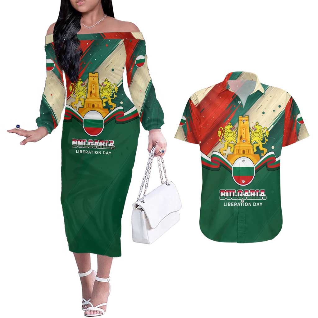 Bulgaria Liberation Day Couples Matching Off The Shoulder Long Sleeve Dress and Hawaiian Shirt with Shipka Monument and Tricolor Lion Graphic