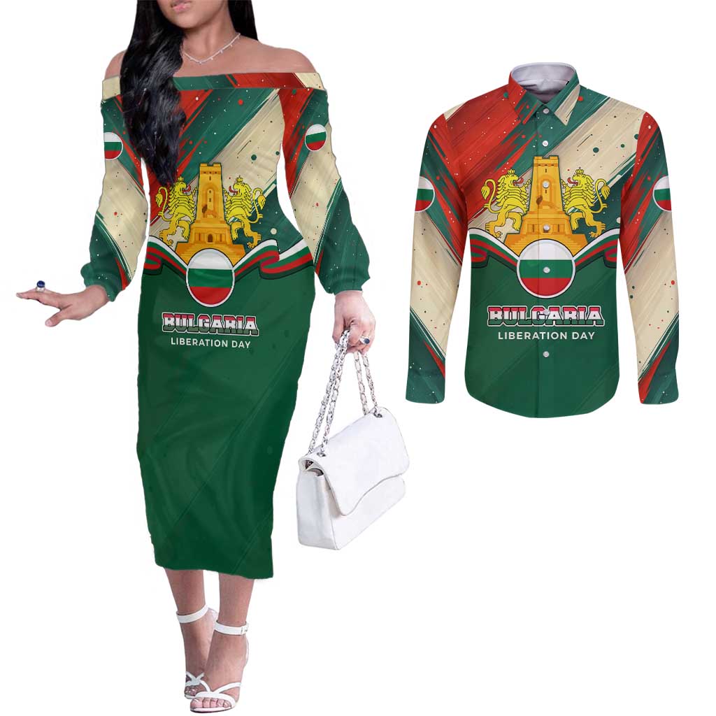 Bulgaria Liberation Day Couples Matching Off The Shoulder Long Sleeve Dress and Long Sleeve Button Shirt with Shipka Monument and Tricolor Lion Graphic