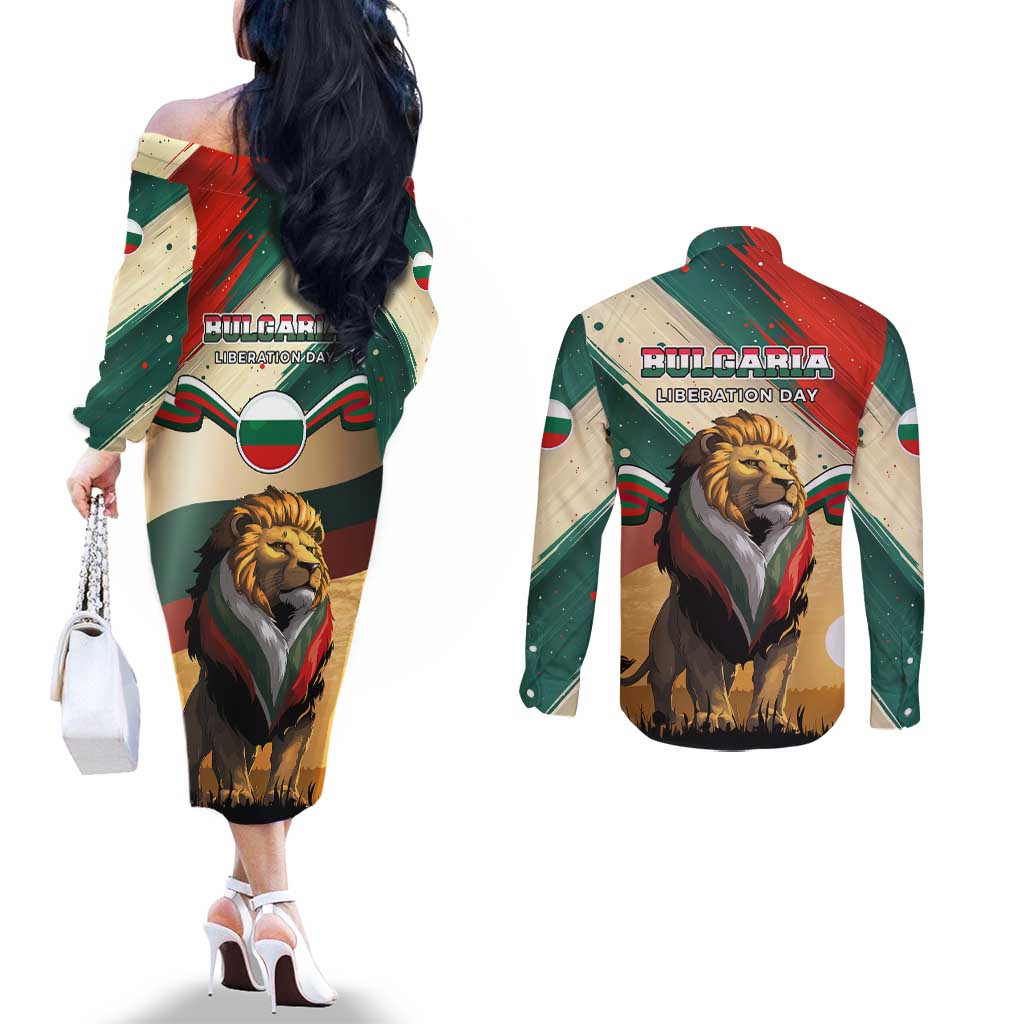Bulgaria Liberation Day Couples Matching Off The Shoulder Long Sleeve Dress and Long Sleeve Button Shirt with Shipka Monument and Tricolor Lion Graphic