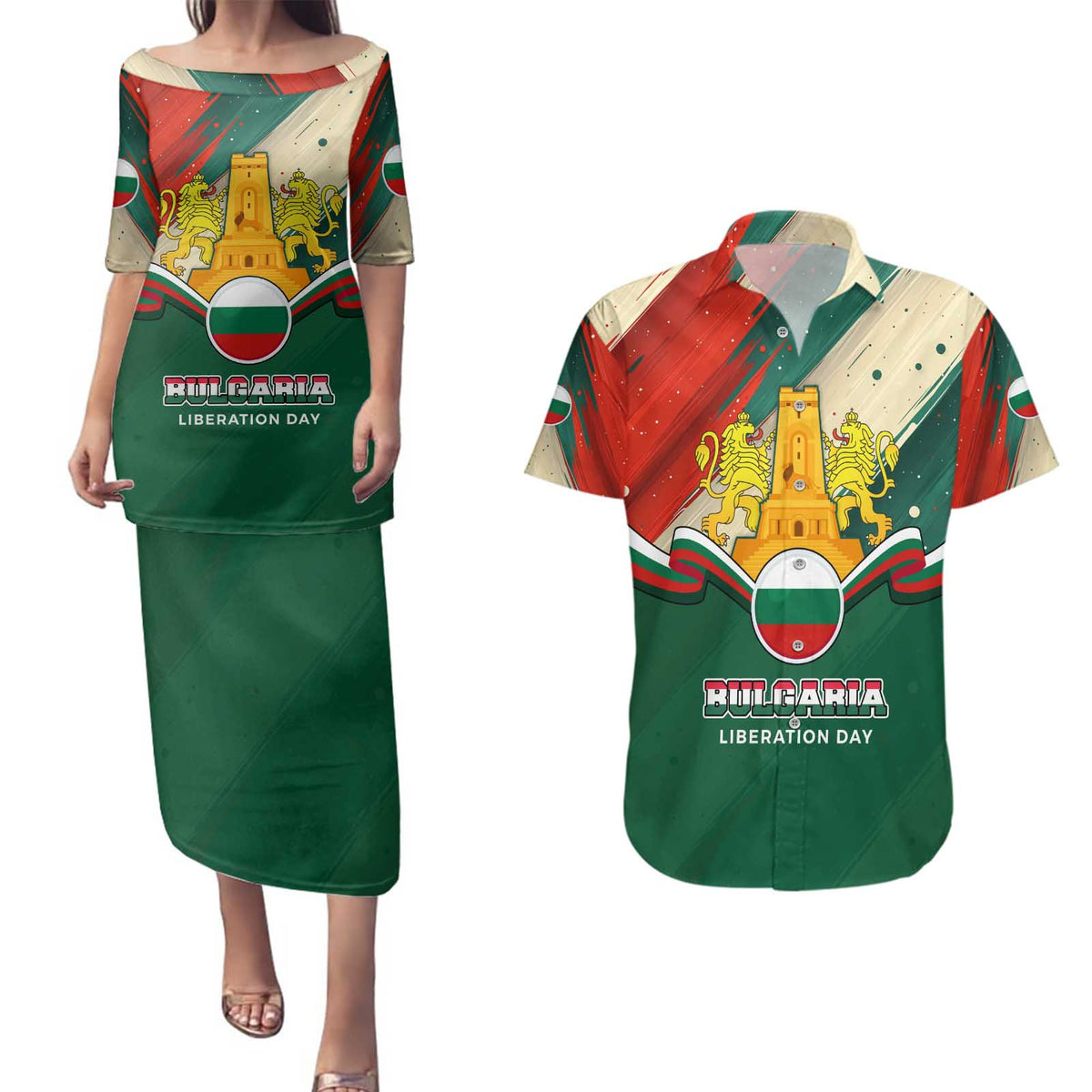 Bulgaria Liberation Day Couples Matching Puletasi and Hawaiian Shirt with Shipka Monument and Tricolor Lion Graphic