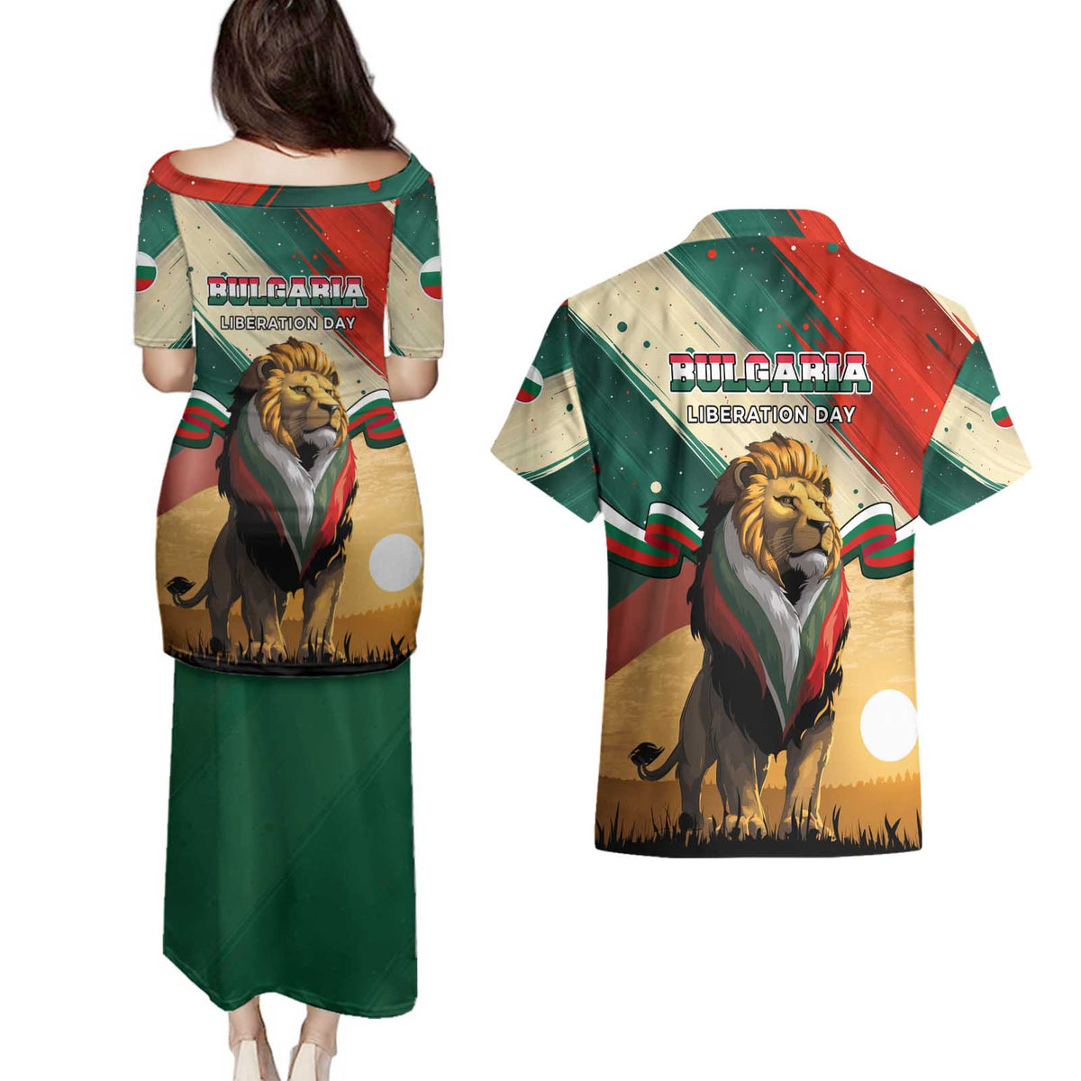 Bulgaria Liberation Day Couples Matching Puletasi and Hawaiian Shirt with Shipka Monument and Tricolor Lion Graphic