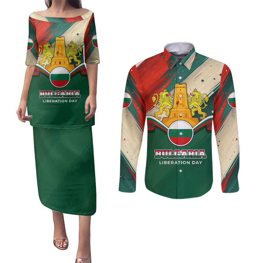 Bulgaria Liberation Day Couples Matching Puletasi and Long Sleeve Button Shirt with Shipka Monument and Tricolor Lion Graphic