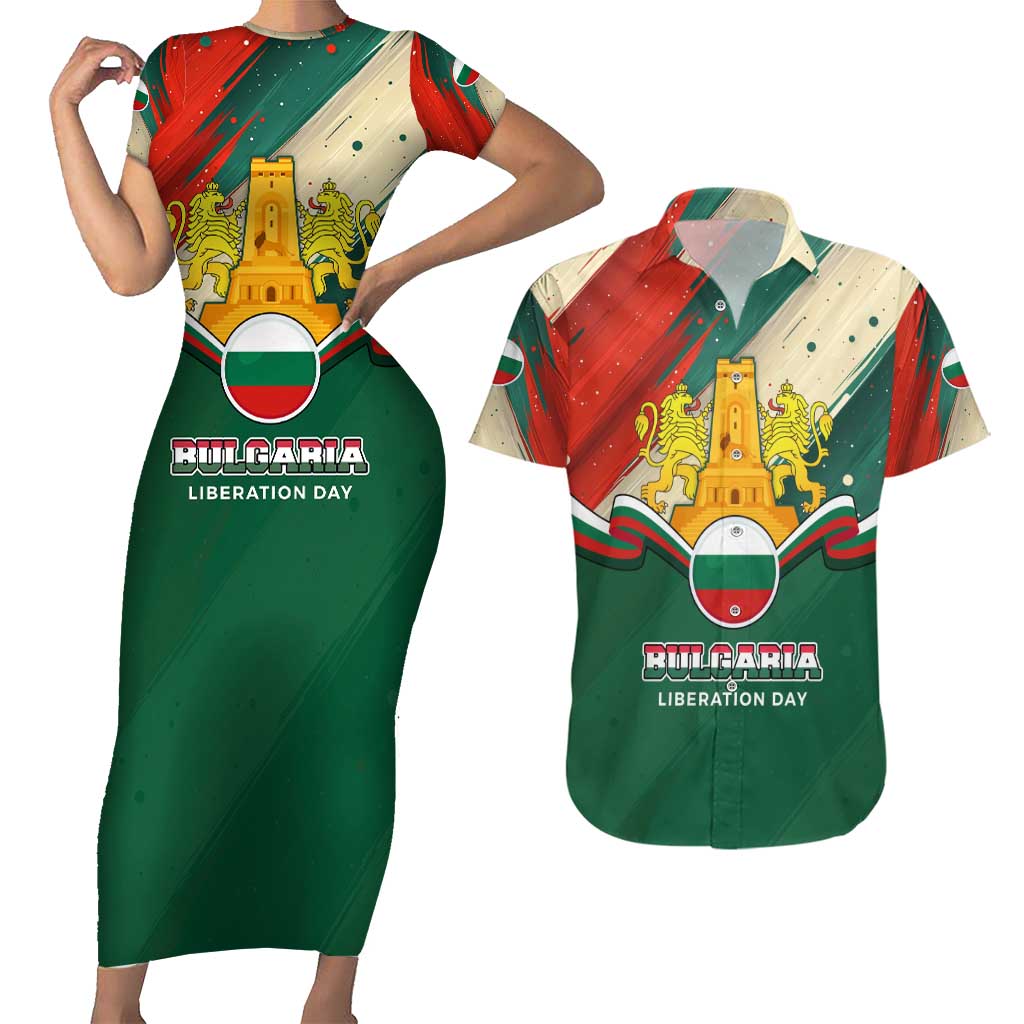 Bulgaria Liberation Day Couples Matching Short Sleeve Bodycon Dress and Hawaiian Shirt with Shipka Monument and Tricolor Lion Graphic