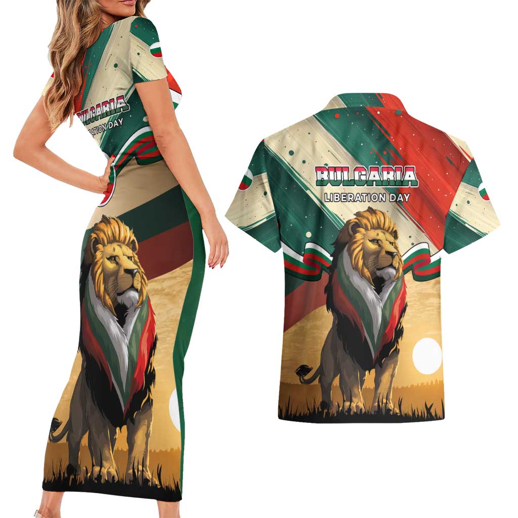 Bulgaria Liberation Day Couples Matching Short Sleeve Bodycon Dress and Hawaiian Shirt with Shipka Monument and Tricolor Lion Graphic