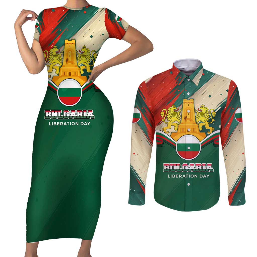 Bulgaria Liberation Day Couples Matching Short Sleeve Bodycon Dress and Long Sleeve Button Shirt with Shipka Monument and Tricolor Lion Graphic