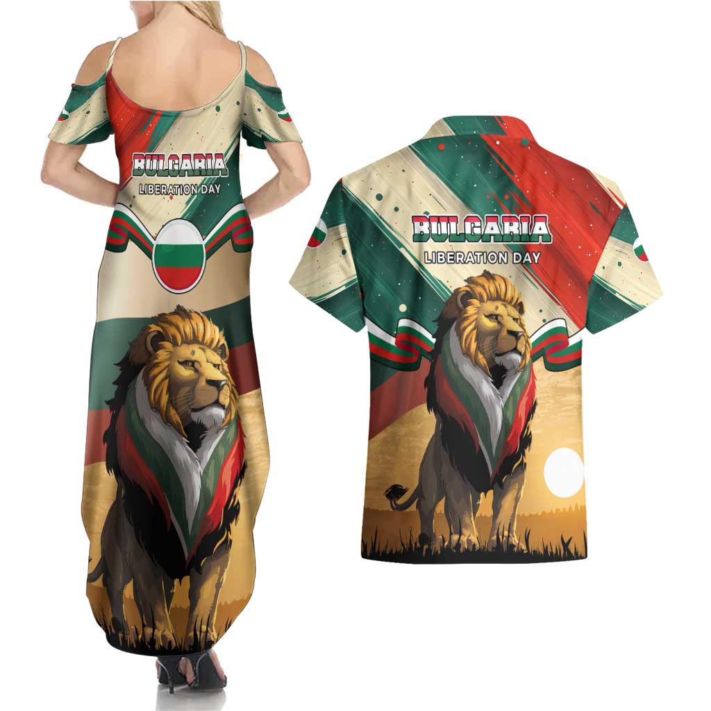 Bulgaria Liberation Day Couples Matching Summer Maxi Dress and Hawaiian Shirt with Shipka Monument and Tricolor Lion Graphic