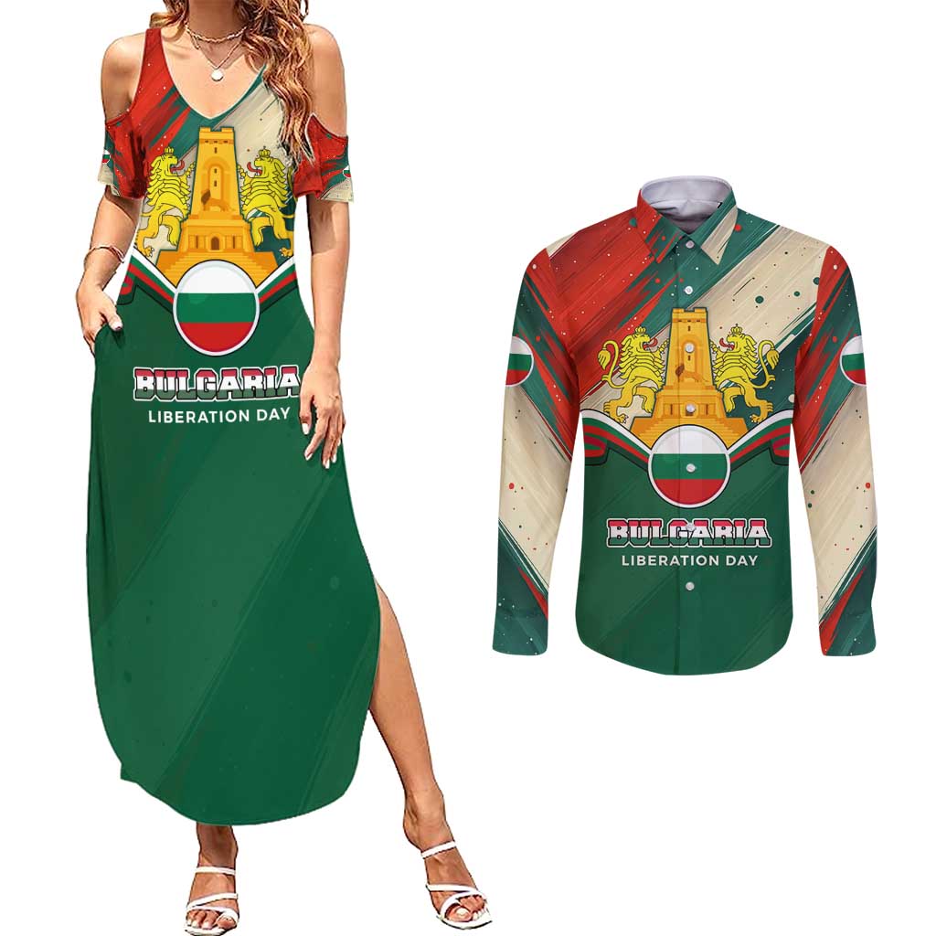 Bulgaria Liberation Day Couples Matching Summer Maxi Dress and Long Sleeve Button Shirt with Shipka Monument and Tricolor Lion Graphic