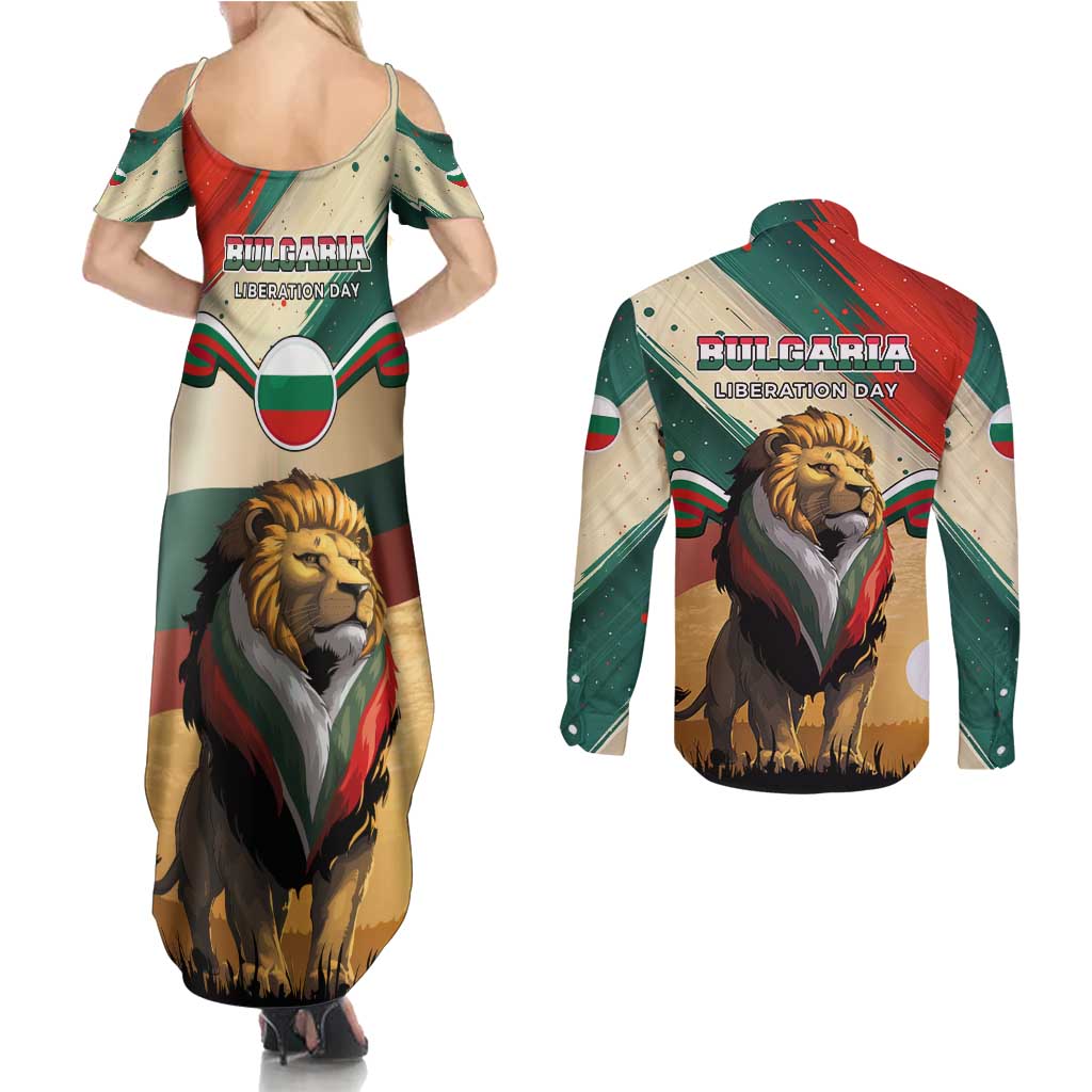 Bulgaria Liberation Day Couples Matching Summer Maxi Dress and Long Sleeve Button Shirt with Shipka Monument and Tricolor Lion Graphic