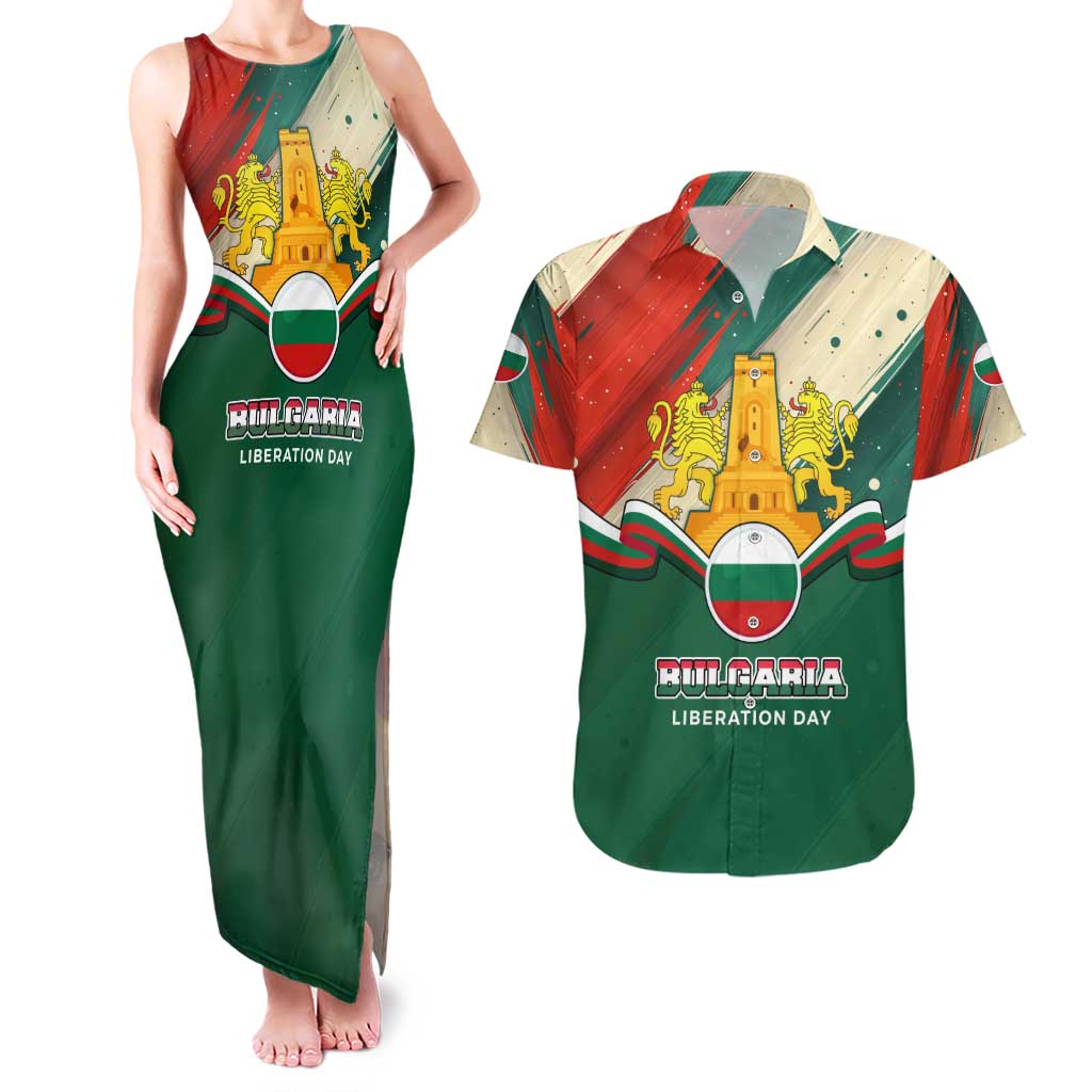 Bulgaria Liberation Day Couples Matching Tank Maxi Dress and Hawaiian Shirt with Shipka Monument and Tricolor Lion Graphic