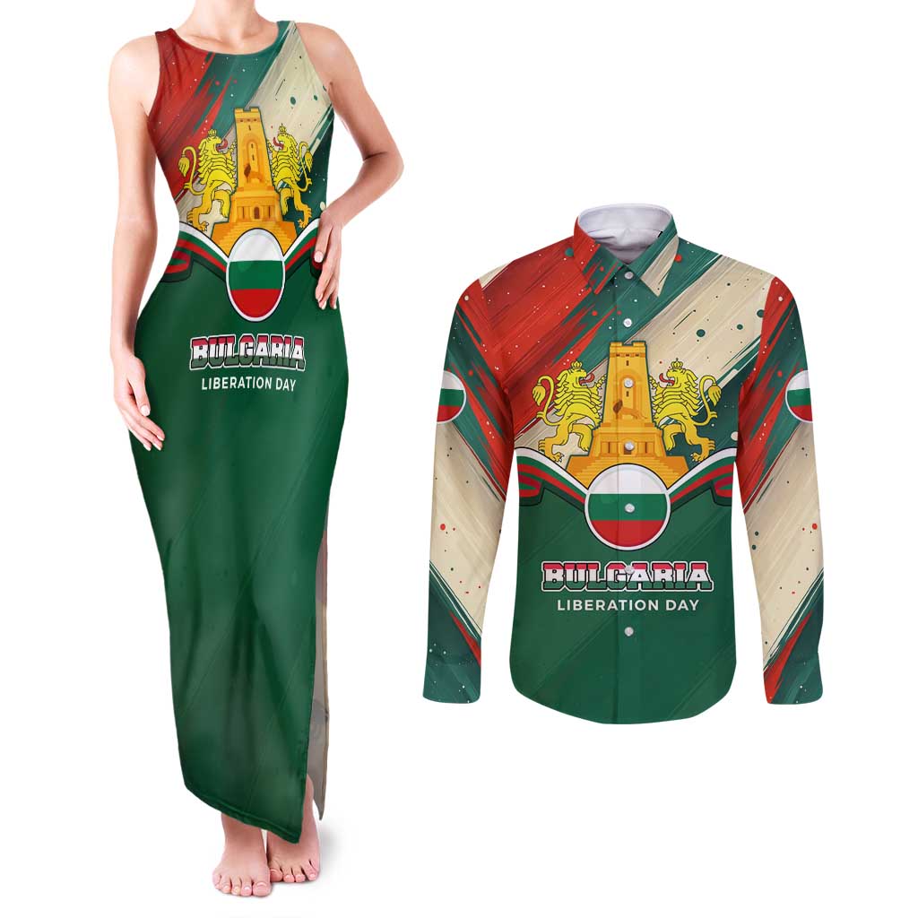 Bulgaria Liberation Day Couples Matching Tank Maxi Dress and Long Sleeve Button Shirt with Shipka Monument and Tricolor Lion Graphic