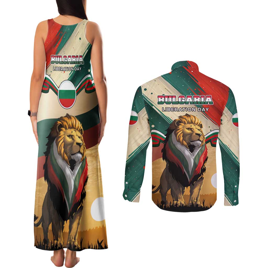 Bulgaria Liberation Day Couples Matching Tank Maxi Dress and Long Sleeve Button Shirt with Shipka Monument and Tricolor Lion Graphic