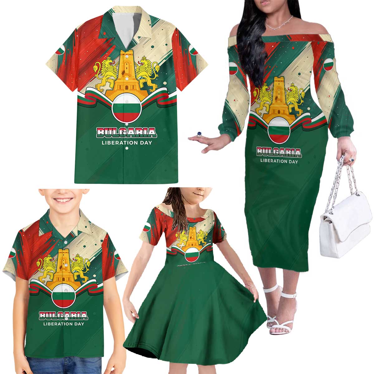 Bulgaria Liberation Day Family Matching Off The Shoulder Long Sleeve Dress and Hawaiian Shirt with Shipka Monument and Tricolor Lion Graphic