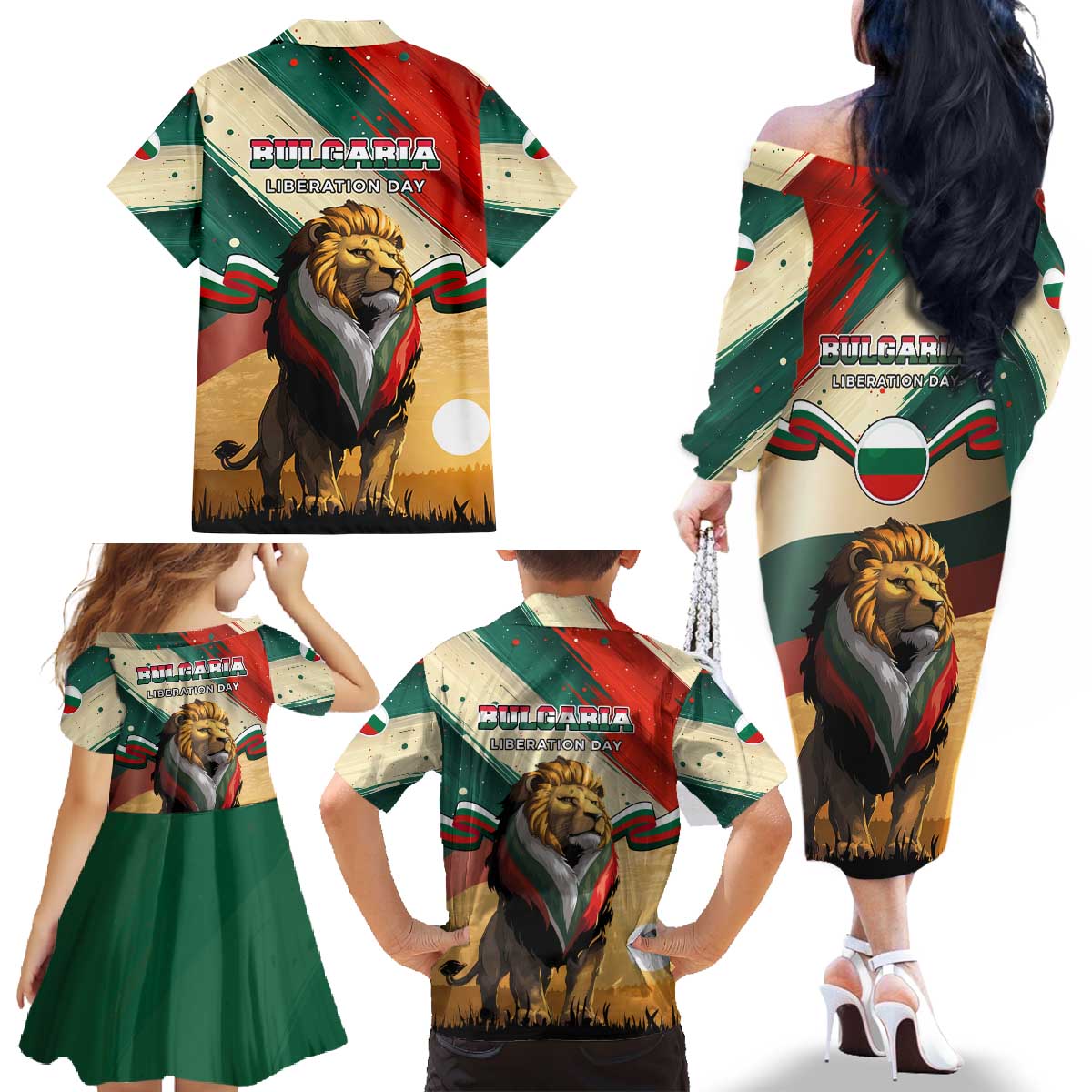 Bulgaria Liberation Day Family Matching Off The Shoulder Long Sleeve Dress and Hawaiian Shirt with Shipka Monument and Tricolor Lion Graphic