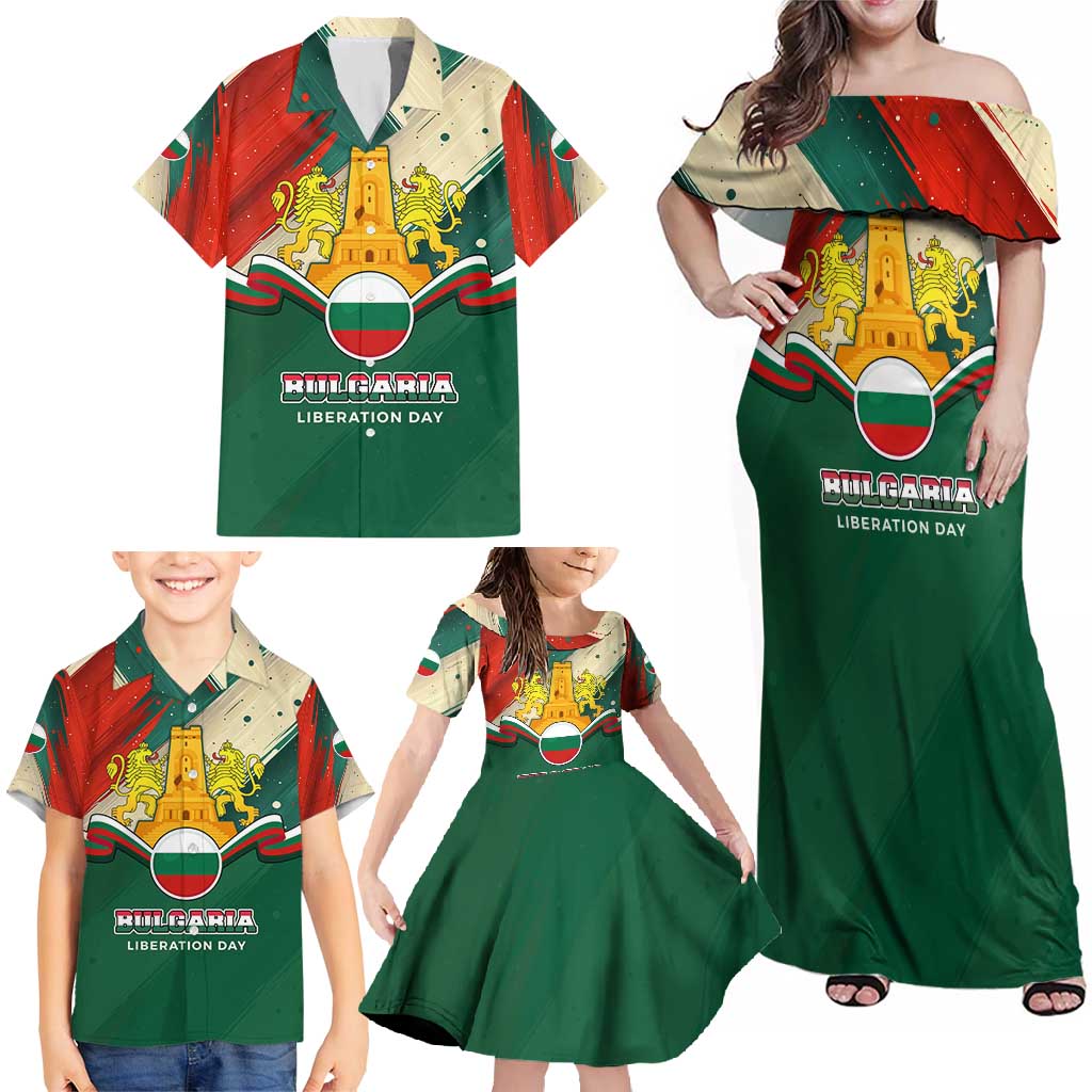 Bulgaria Liberation Day Family Matching Off Shoulder Maxi Dress and Hawaiian Shirt with Shipka Monument and Tricolor Lion Graphic