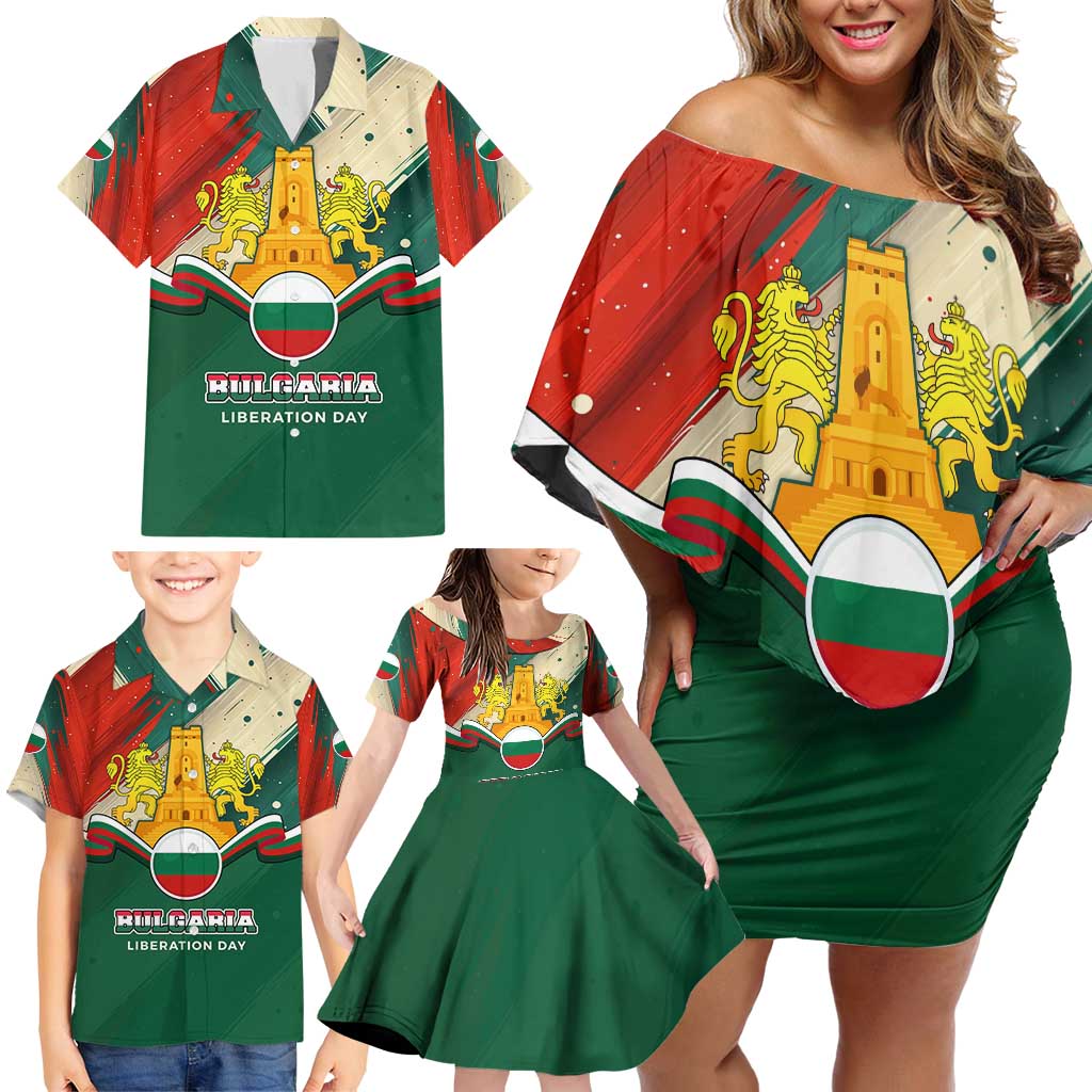 Bulgaria Liberation Day Family Matching Off Shoulder Short Dress and Hawaiian Shirt with Shipka Monument and Tricolor Lion Graphic