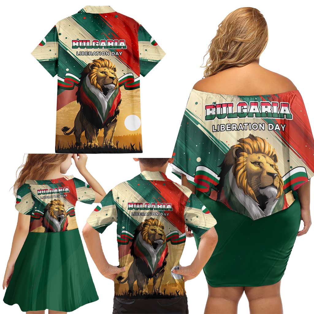 Bulgaria Liberation Day Family Matching Off Shoulder Short Dress and Hawaiian Shirt with Shipka Monument and Tricolor Lion Graphic