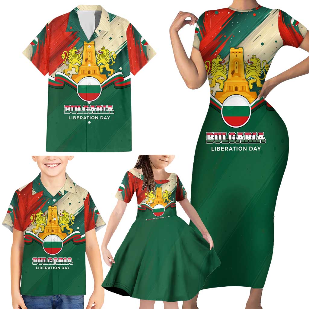 Bulgaria Liberation Day Family Matching Short Sleeve Bodycon Dress and Hawaiian Shirt with Shipka Monument and Tricolor Lion Graphic