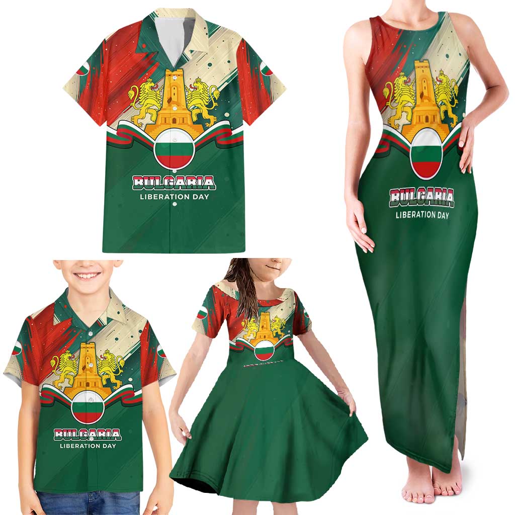 Bulgaria Liberation Day Family Matching Tank Maxi Dress and Hawaiian Shirt with Shipka Monument and Tricolor Lion Graphic