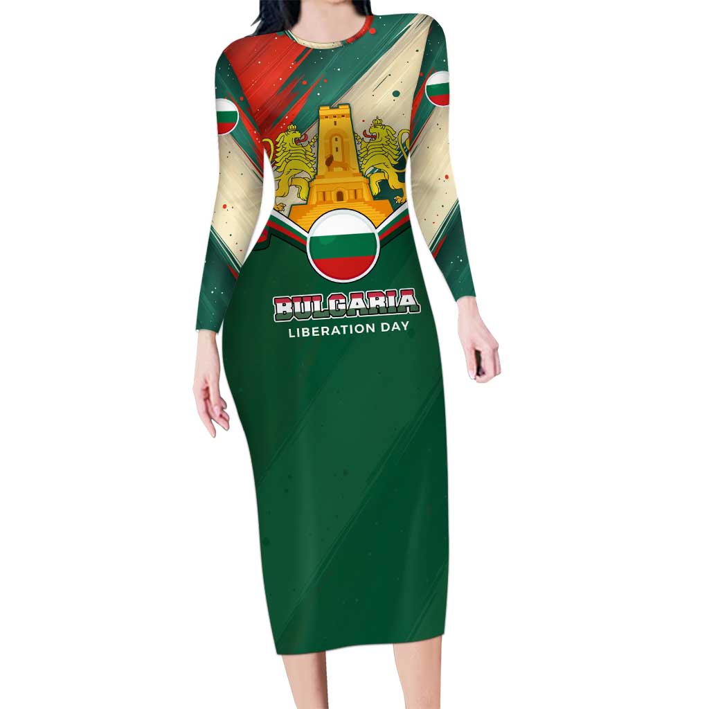 Bulgaria Liberation Day Long Sleeve Bodycon Dress with Shipka Monument and Tricolor Lion Graphic