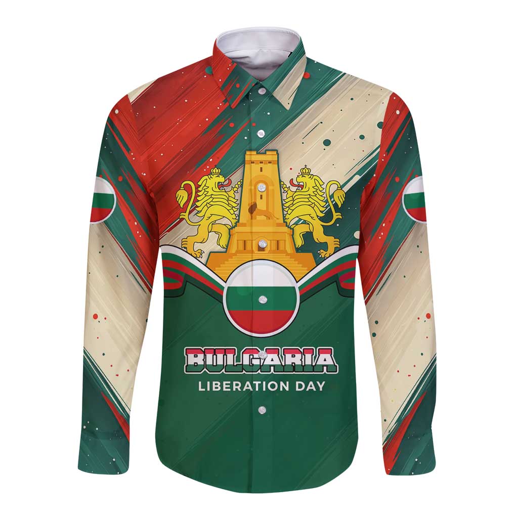 Bulgaria Liberation Day Long Sleeve Button Shirt with Shipka Monument and Tricolor Lion Graphic
