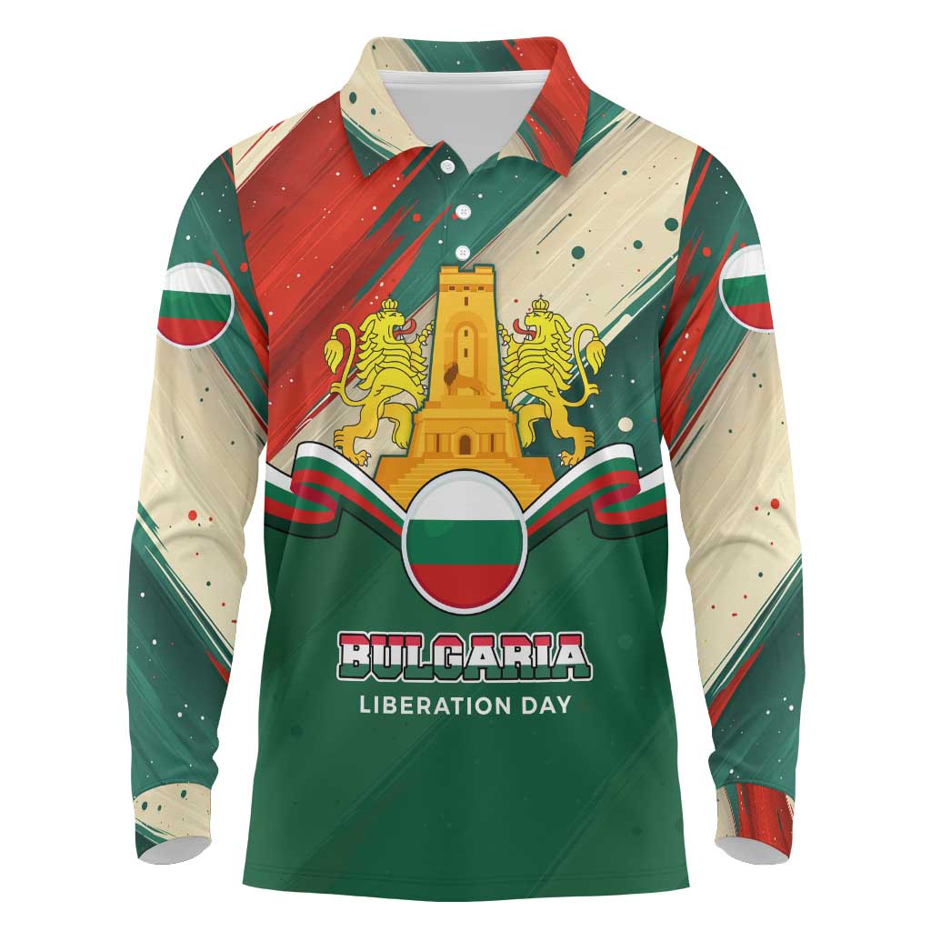 Bulgaria Liberation Day Long Sleeve Polo Shirt with Shipka Monument and Tricolor Lion Graphic
