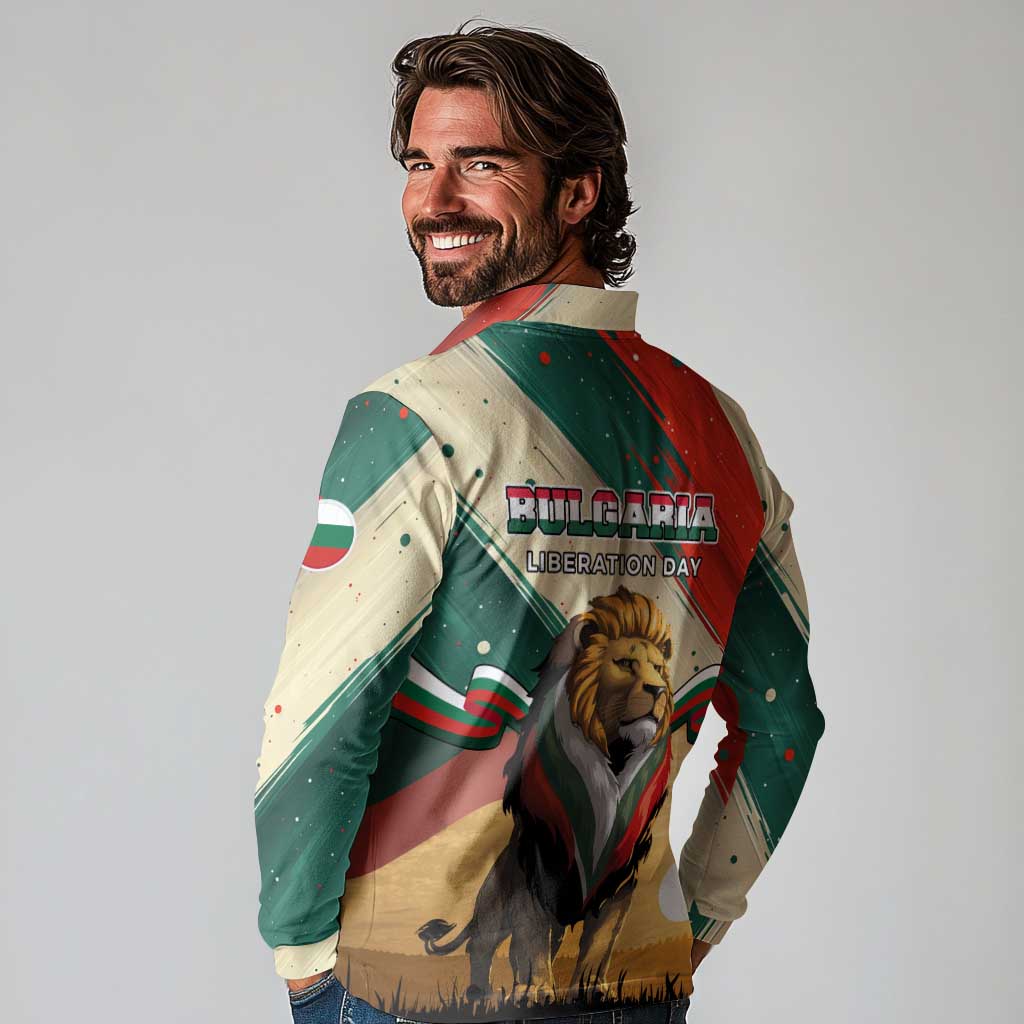 Bulgaria Liberation Day Long Sleeve Polo Shirt with Shipka Monument and Tricolor Lion Graphic