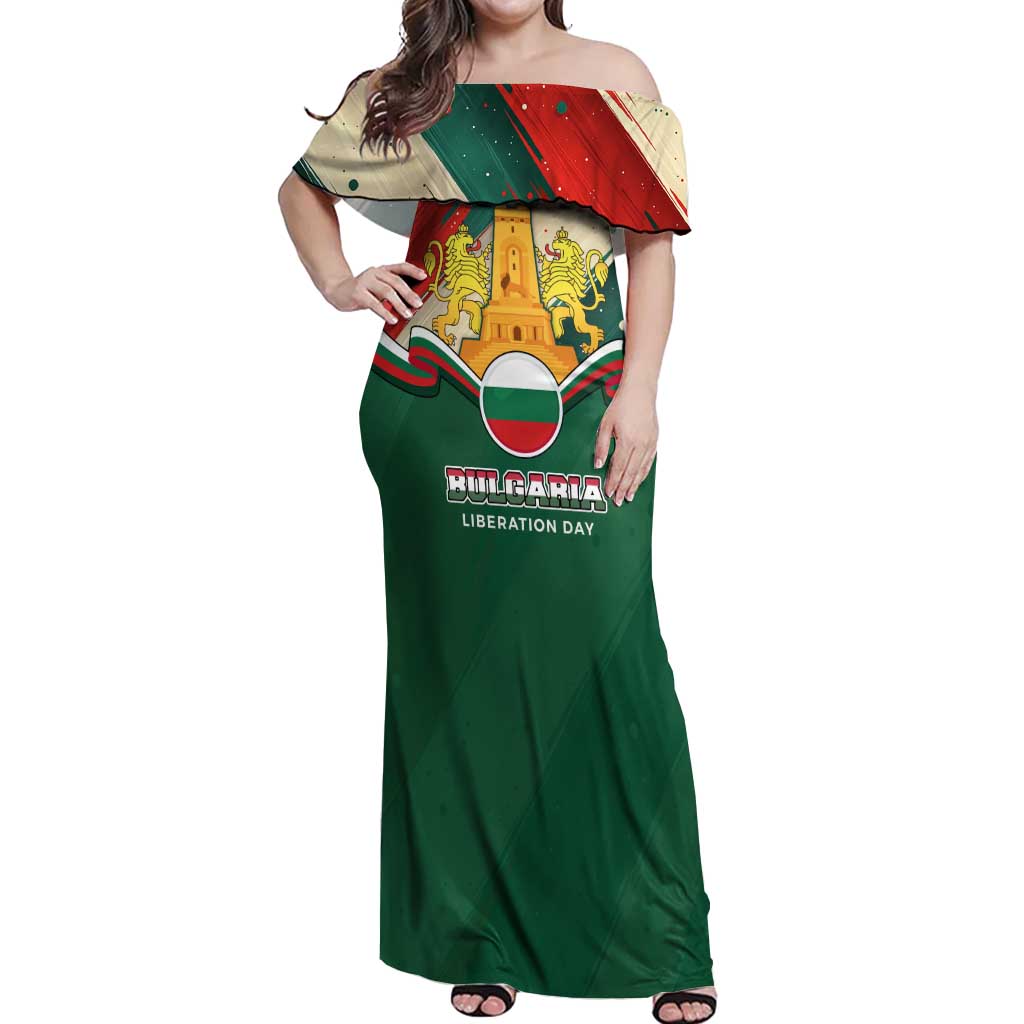 Bulgaria Liberation Day Off Shoulder Maxi Dress with Shipka Monument and Tricolor Lion Graphic