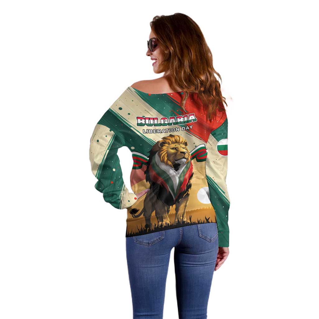 Bulgaria Liberation Day Off Shoulder Sweater with Shipka Monument and Tricolor Lion Graphic