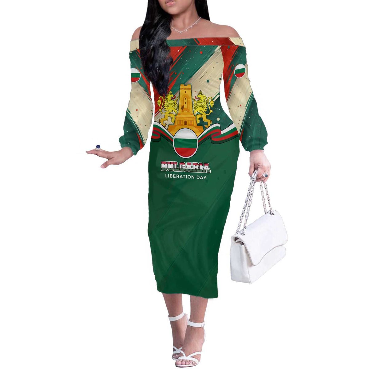 Bulgaria Liberation Day Off The Shoulder Long Sleeve Dress with Shipka Monument and Tricolor Lion Graphic