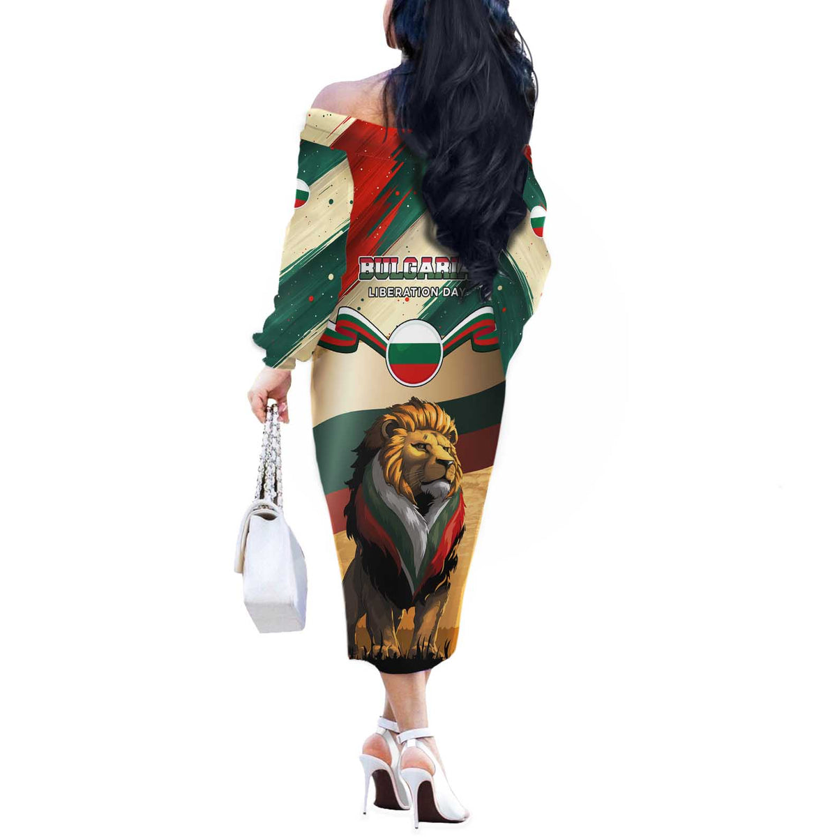 Bulgaria Liberation Day Off The Shoulder Long Sleeve Dress with Shipka Monument and Tricolor Lion Graphic