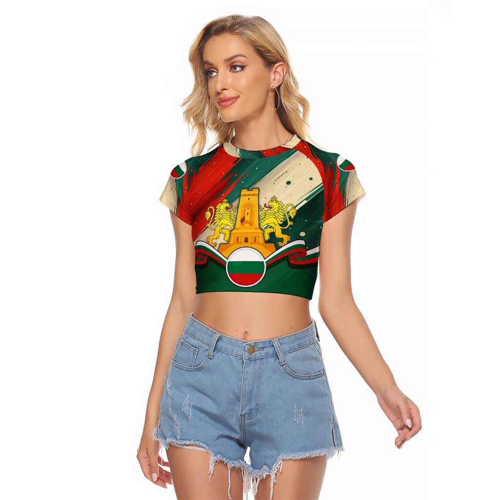 Bulgaria Liberation Day Raglan Cropped T Shirt with Shipka Monument and Tricolor Lion Graphic