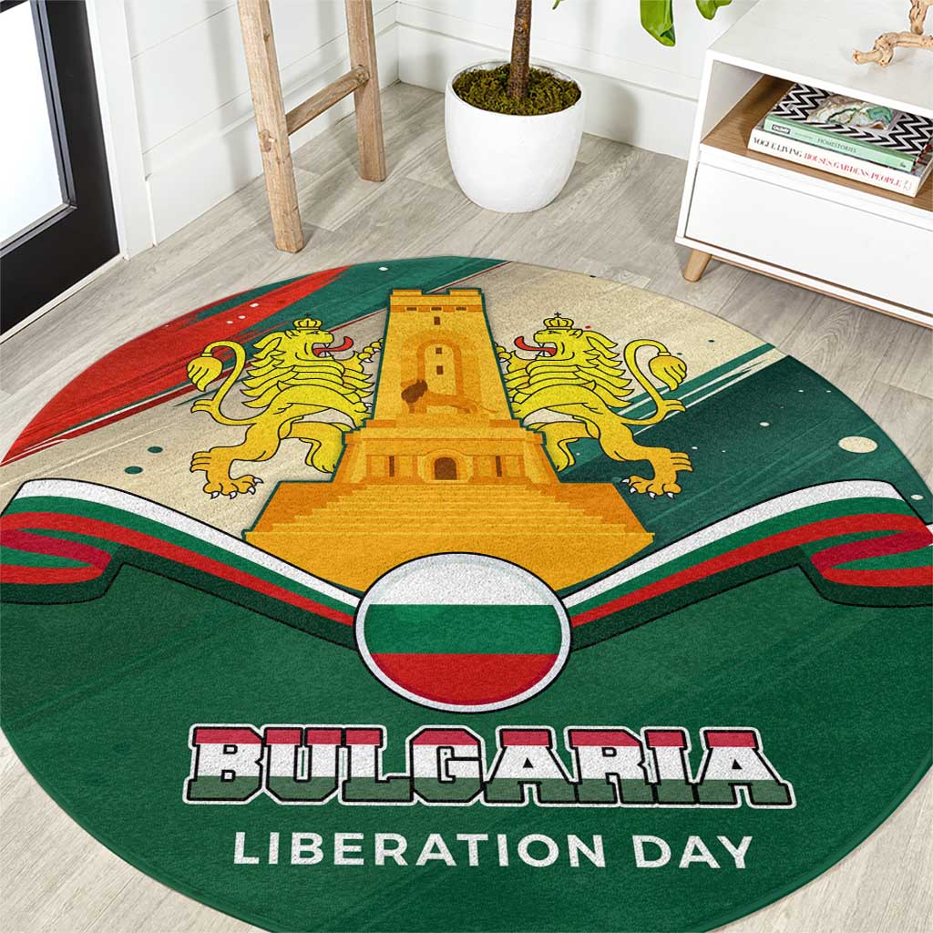 Bulgaria Liberation Day Round Carpet with Shipka Monument and Tricolor Lion Graphic