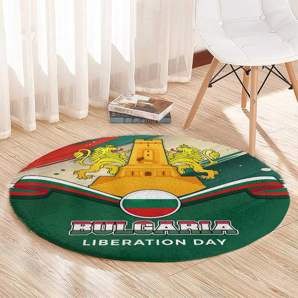Bulgaria Liberation Day Round Carpet with Shipka Monument and Tricolor Lion Graphic