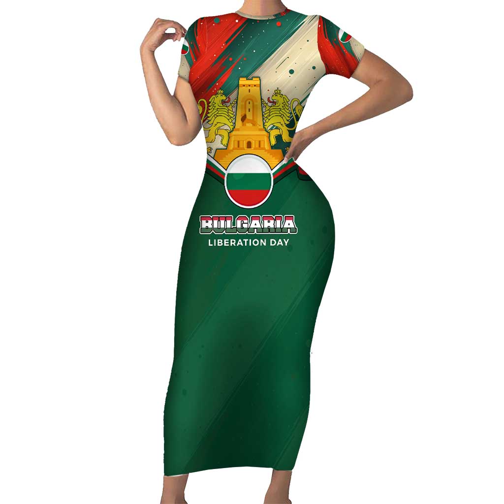 Bulgaria Liberation Day Short Sleeve Bodycon Dress with Shipka Monument and Tricolor Lion Graphic