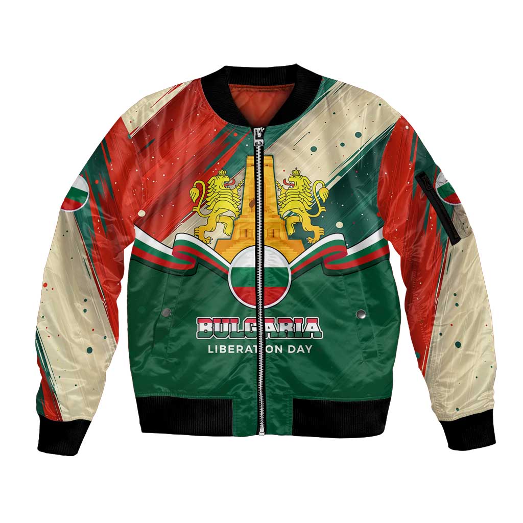 Bulgaria Liberation Day Sleeve Zip Bomber Jacket with Shipka Monument and Tricolor Lion Graphic